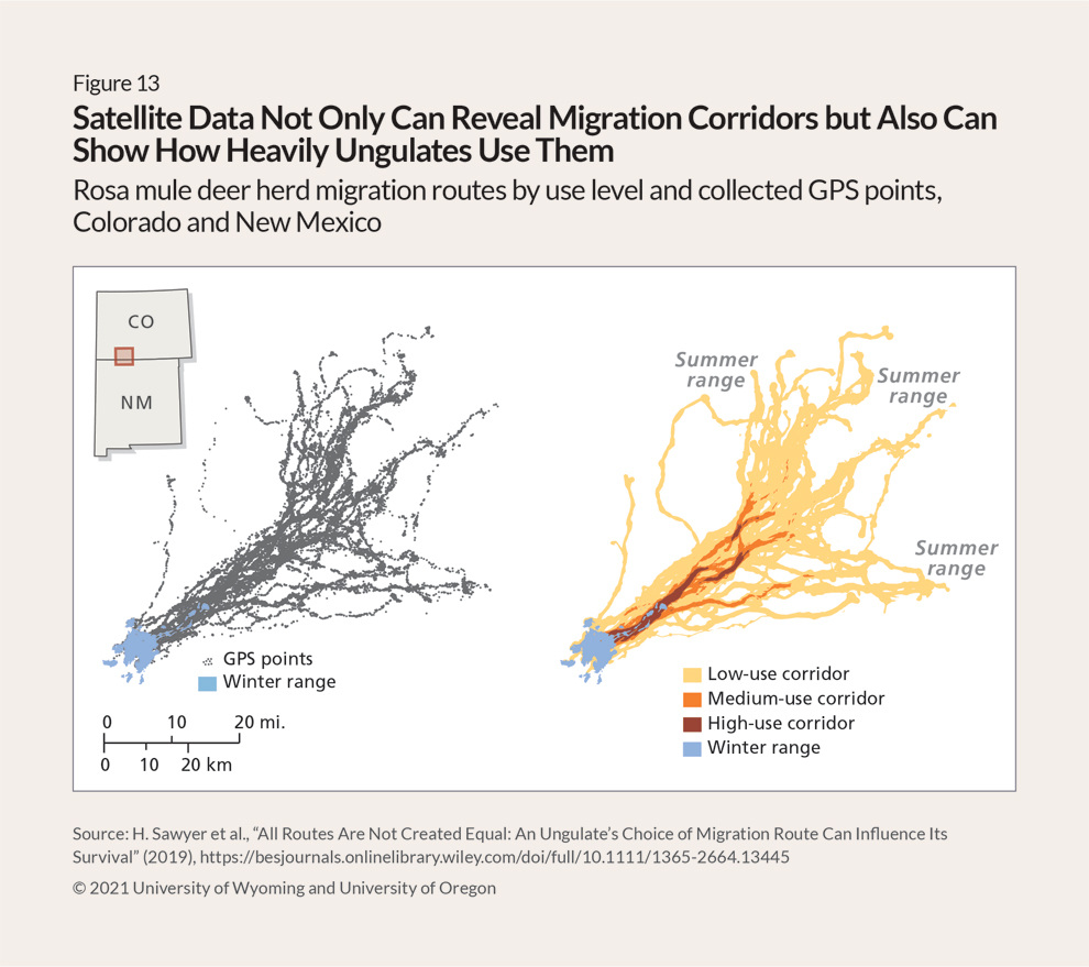 Two side-by-side maps showing the same mule deer migration corridors across and along the New Mexico-Colorado border, beginning at winter range in New Mexico, marked in blue. The map on the left shows in gray all the GPS points, collected from tagged deer along an array of migration routes to three summer ranges. The map on the right shows the use level for those corridors, represented as low use in yellow, medium use in orange, and high use in dark red.