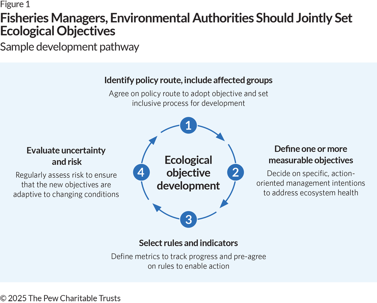 A graphic demonstrating the four steps in the cycle of ecological objective development arranged in a numbered workflow, with arrows indicating clockwise, circular process. Step one, “identify policy route, include all affected groups,” is at the left of the circle. Step two, “define one or more measurable objectives,” is at the top of the circle. Step three, “select rules and indicators” is at the right, and step four, “evaluate uncertainty and risk” is at the bottom.