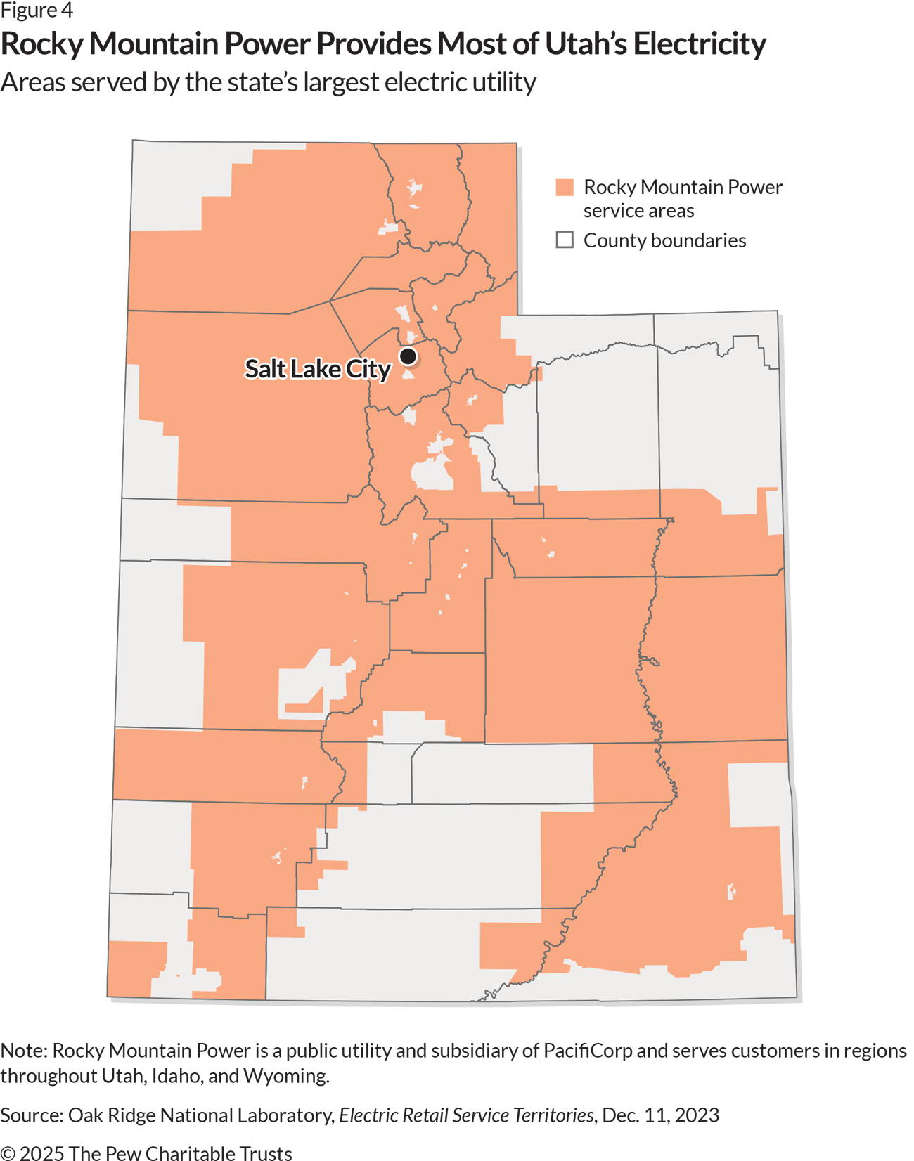 A map of Utah showing, in orange, the more than two-thirds of the state where Rocky Mountain Power provides the electricity. Other parts of the state are in gray and are concentrated along a narrow swath of the western border and in small portions of the south and east.