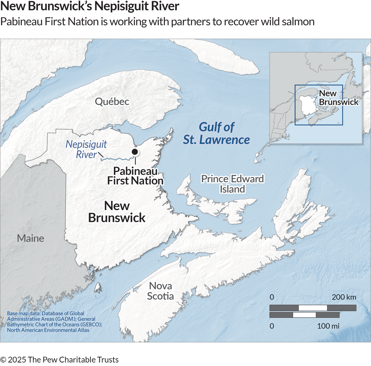 A map showing the location of New Brunswick within Canada, as well as the locations of the Nepisiguit River and Pabineau First Nation within that province.